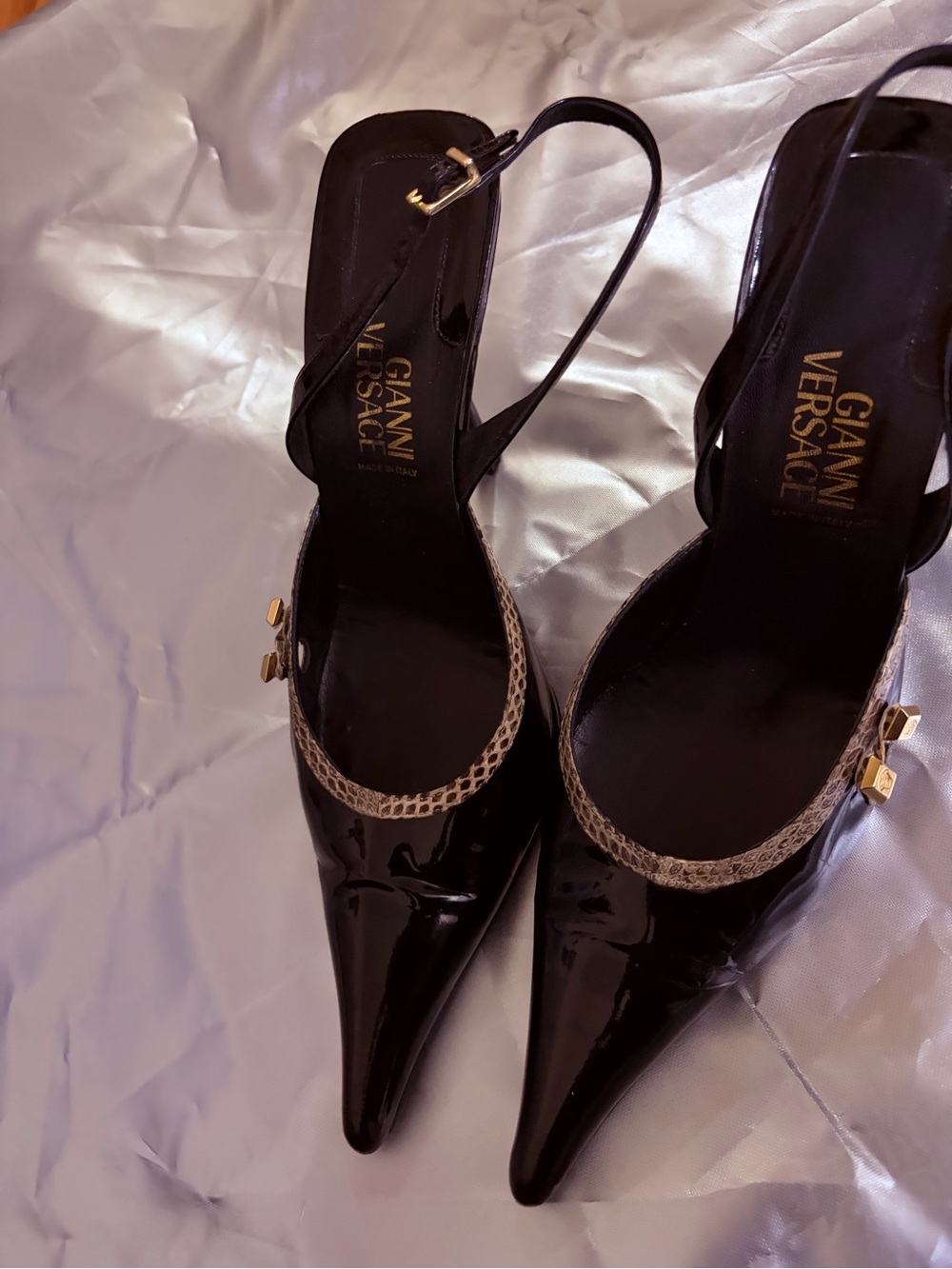 Versace Black Patent Pointed Slingback Pumps with Gold Accent - Picture 9 of 11